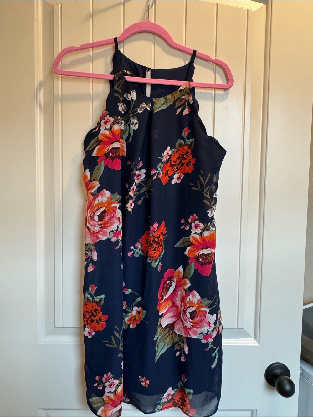 A. Byer Navy Floral Halter Midi Dress with Pink & Orange Blooms
